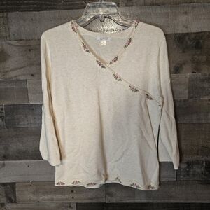 Christopher & Banks Cream V-Neck Embroidered Womens Top